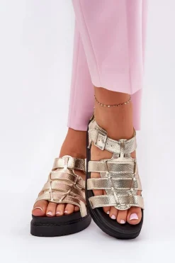 Sandały Damskie Na Platformie Z Klamrami Złote Atarafas