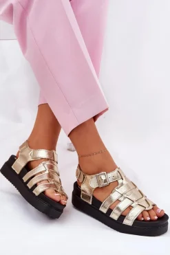 Sandały Damskie Na Platformie Z Klamrami Złote Atarafas