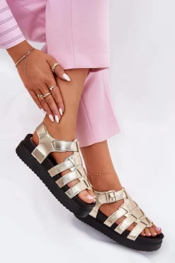 Sandały Damskie Na Platformie Z Klamrami Złote Atarafas