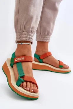 Sandały Damskie Na Platformie I Koturnie Big Star NN274A053 Zielono-Pomarańczowe