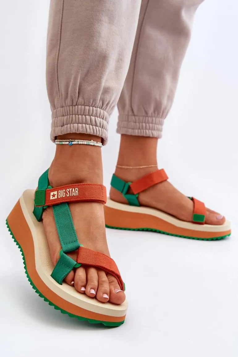 Sandały Damskie Na Platformie I Koturnie Big Star NN274A053 Zielono-Pomarańczowe