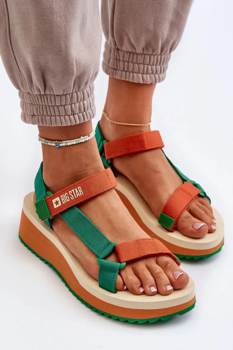 Sandały Damskie Na Platformie I Koturnie Big Star NN274A053 Zielono-Pomarańczowe