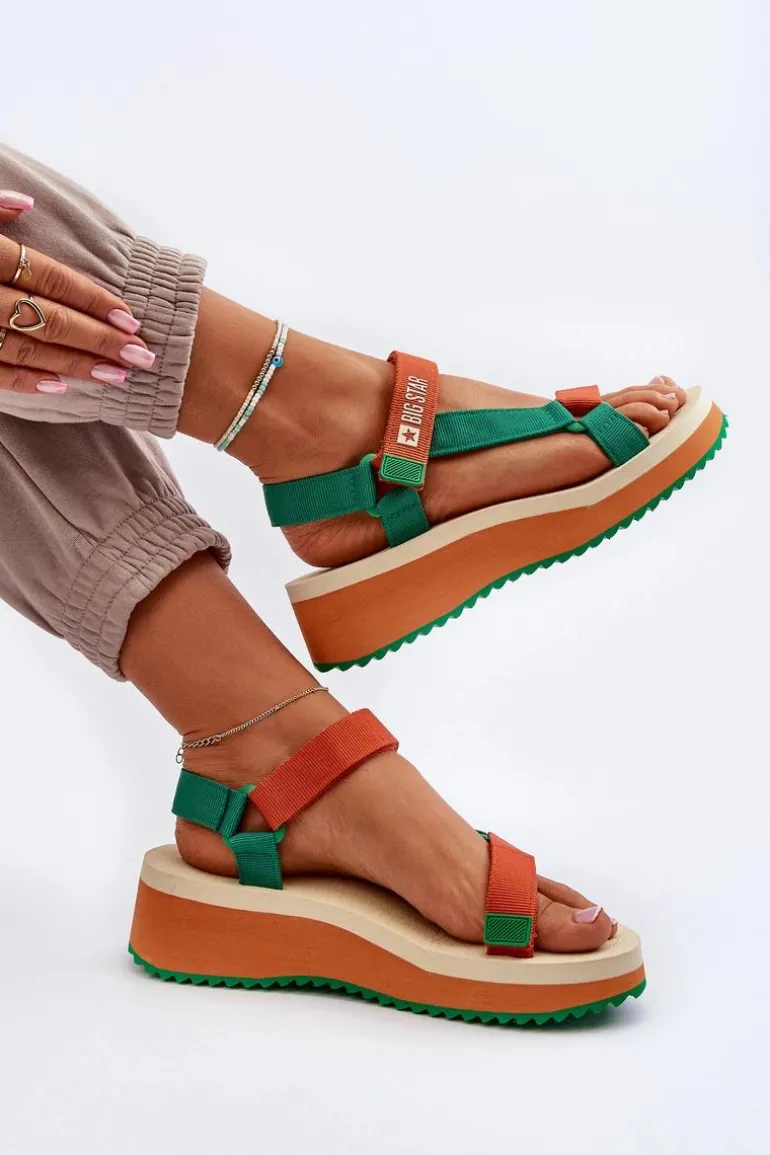 Sandały Damskie Na Platformie I Koturnie Big Star NN274A053 Zielono-Pomarańczowe