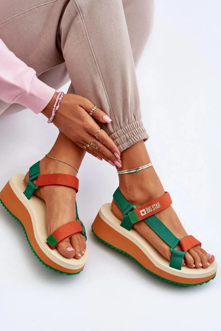 Sandały Damskie Na Platformie I Koturnie Big Star NN274A053 Zielono-Pomarańczowe