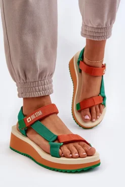 Sandały Damskie Na Platformie I Koturnie Big Star NN274A053 Zielono-Pomarańczowe