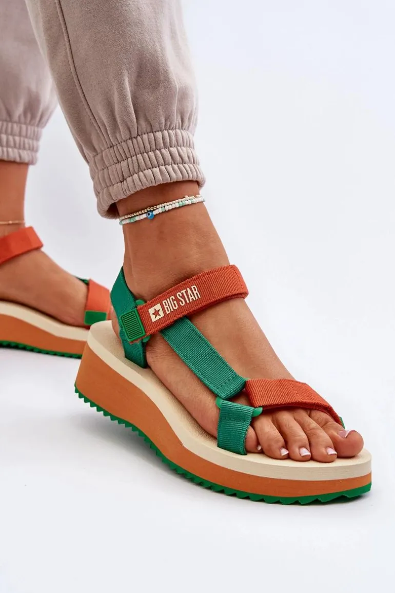 Sandały Damskie Na Platformie I Koturnie Big Star NN274A053 Zielono-Pomarańczowe