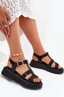 Sandały Damskie Na Platformie Ze Złotym Detalem Czarne Fevire
