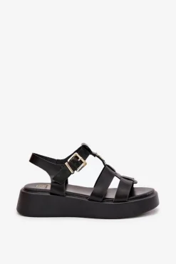 Sandały Damskie Na Platformie Ze Złotym Detalem Czarne Fevire