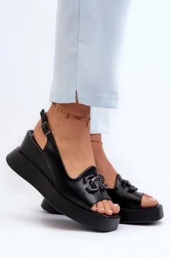 Sandały Damskie Na Platformie I Koturnie Z Ozdobą Czarne Janesca