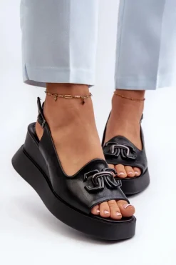 Sandały Damskie Na Platformie I Koturnie Z Ozdobą Czarne Janesca
