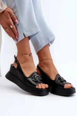 Sandały Damskie Na Platformie I Koturnie Z Ozdobą Czarne Janesca