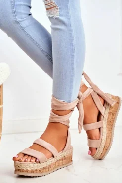 Sandały Damskie Na Platformie Wiązane Beżowe La Favorite