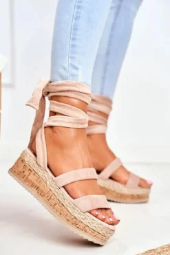 Sandały Damskie Na Platformie Wiązane Beżowe La Favorite