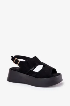 Sandały Damskie Na Platformie Eko Zamszowe Czarne Karonia