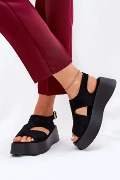 Sandały Damskie Na Platformie Eko Zamszowe Czarne Karonia
