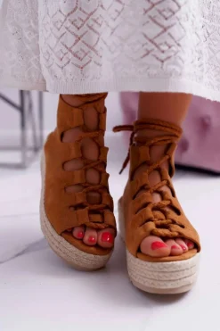 Sandały Damskie Na Platformie Z Espadrylem Sznurowane Camel Grand