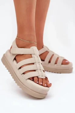 Sandały Damskie Na Platformie Eko Zamszowe Beżowe Filisenia