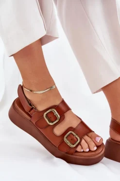 Sandały Damskie Na Platformie I Koturnie Z Klamrami Camel Genorre