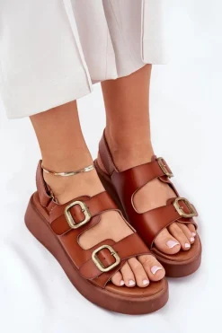 Sandały Damskie Na Platformie I Koturnie Z Klamrami Camel Genorre