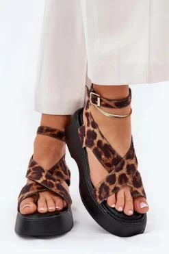 Sandały Damskie Na Platformie I Koturnie W Panterkę Brązowe Tenzorus