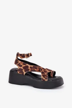 Sandały Damskie Na Platformie I Koturnie W Panterkę Brązowe Tenzorus
