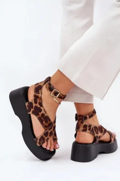 Sandały Damskie Na Platformie I Koturnie W Panterkę Brązowe Tenzorus