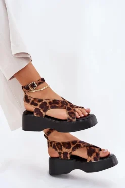 Sandały Damskie Na Platformie I Koturnie W Panterkę Brązowe Tenzorus