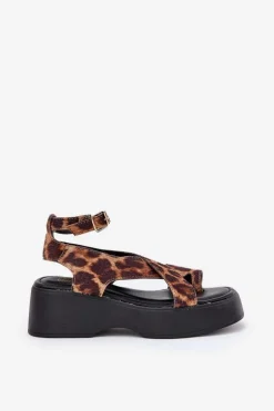 Sandały Damskie Na Platformie I Koturnie W Panterkę Brązowe Tenzorus