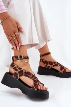 Sandały Damskie Na Platformie I Koturnie W Panterkę Brązowe Tenzorus