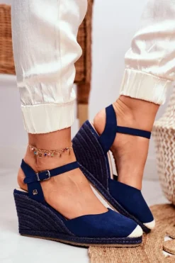 Sandały Damskie Na Plecionej Koturnie Big Star Granatowe DD274A172