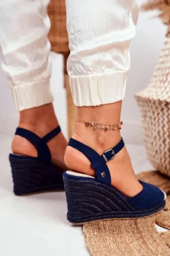 Sandały Damskie Na Plecionej Koturnie Big Star Granatowe DD274A172