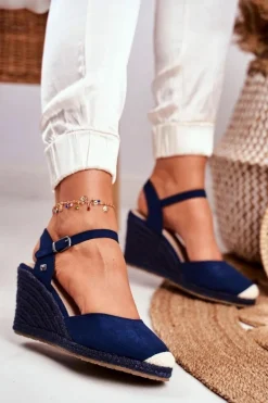 Sandały Damskie Na Plecionej Koturnie Big Star Granatowe DD274A172