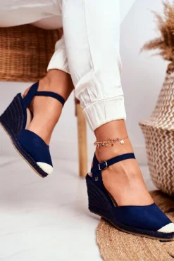 Sandały Damskie Na Plecionej Koturnie Big Star Granatowe DD274A172