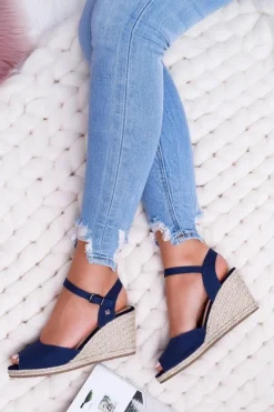 Sandały Damskie Na Plecionej Koturnie Big Star Granatowe DD274A212