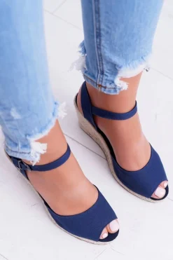 Sandały Damskie Na Plecionej Koturnie Big Star Granatowe DD274A212