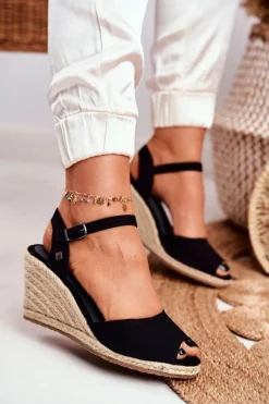 Sandały Damskie Na Plecionej Koturnie Big Star Czarne DD274A209