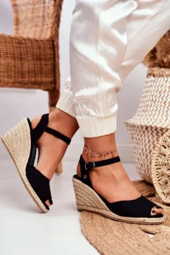 Sandały Damskie Na Plecionej Koturnie Big Star Czarne DD274A209