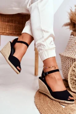 Sandały Damskie Na Plecionej Koturnie Big Star Czarne DD274A209