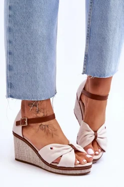 Sandały Damskie Na Plecionym Koturnie Beżowe Judith
