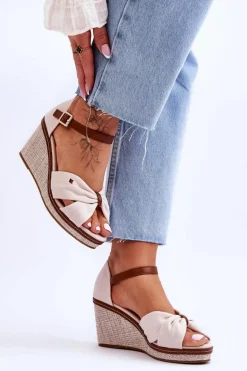 Sandały Damskie Na Plecionym Koturnie Beżowe Judith