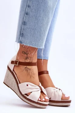 Sandały Damskie Na Plecionym Koturnie Beżowe Judith