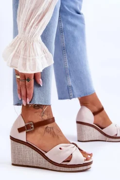 Sandały Damskie Na Plecionym Koturnie Beżowe Judith