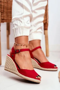 Sandały Damskie Na Plecionej Koturnie Big Star Czerwone DD274A213
