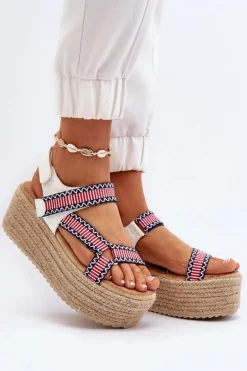 Sandały Damskie Na Plecionej Masywnej Podeszwie Białe Luminea