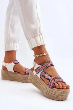 Sandały Damskie Na Plecionej Masywnej Podeszwie Białe Luminea