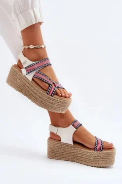 Sandały Damskie Na Plecionej Masywnej Podeszwie Białe Luminea