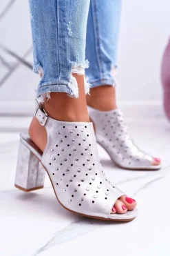 Sandały Damskie Na Słupku Ażurowe z Dżetami Srebrne Hendrix