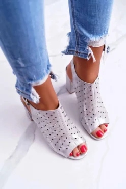 Sandały Damskie Na Słupku Ażurowe z Dżetami Srebrne Hendrix