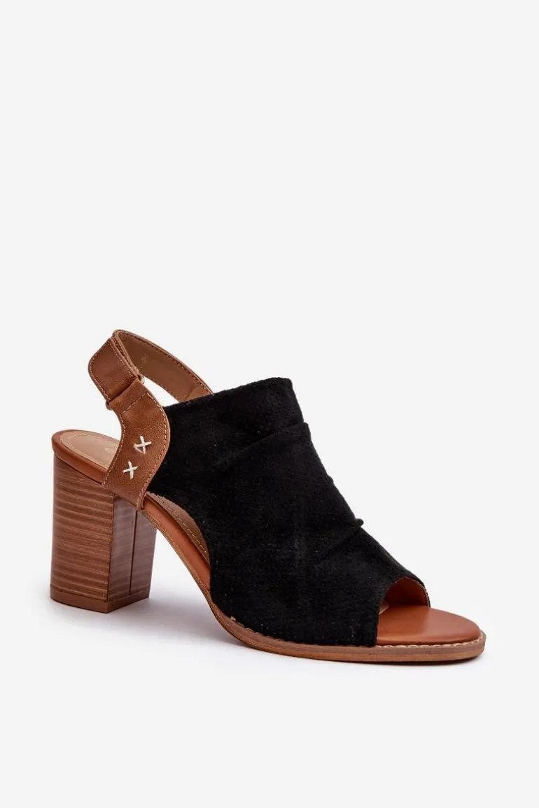 Sandały Damskie Na Słupku Ażurowe Czarne Rosca