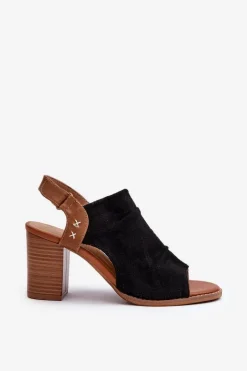 Sandały Damskie Na Słupku Ażurowe Czarne Rosca